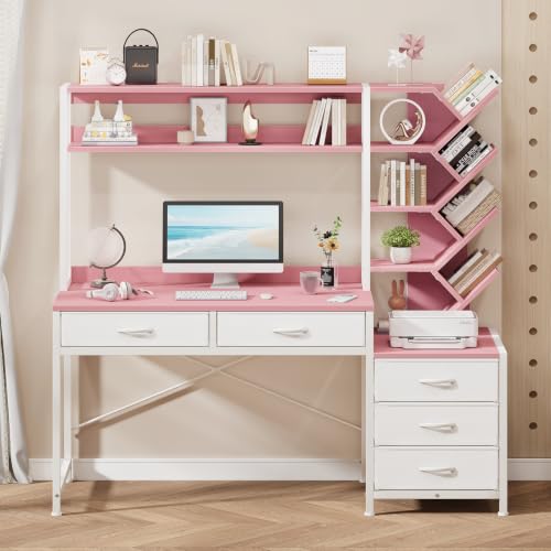 YOMILUVE 52" Computer Desk with Bookshelf, 5 Drawers ＆ Hutch for Bedroom | Pink Office Desk with Printer Shelf, Study Writing Desk with Storage Shelves - color: Pink