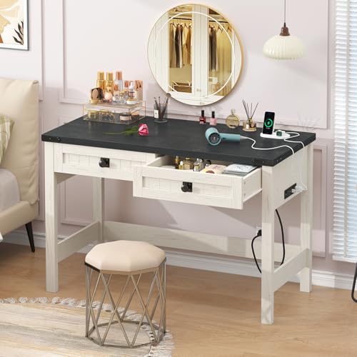 39 Inch Farmhouse Small Computer Desk with Drawers for Bedroom, Home Office - color: Black and White