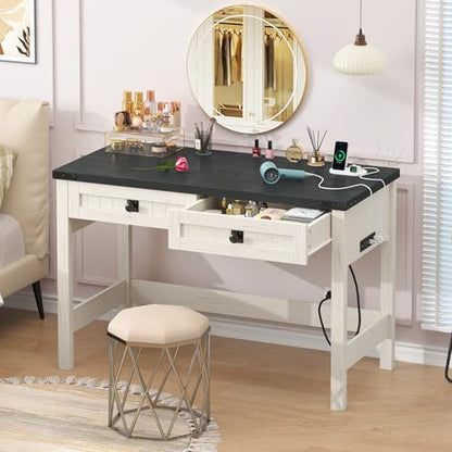 39 Inch Farmhouse Small Computer Desk with Drawers for Bedroom, Home Office - color: Black and White