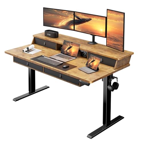 ErGear Electric Standing Desk with 4 Drawers, 55 X 30 Inch Height Adjustable Desk with Storage, C-Clamp Mount Compatible, Home Office Table with Cable Management Tray, Vintage Brown