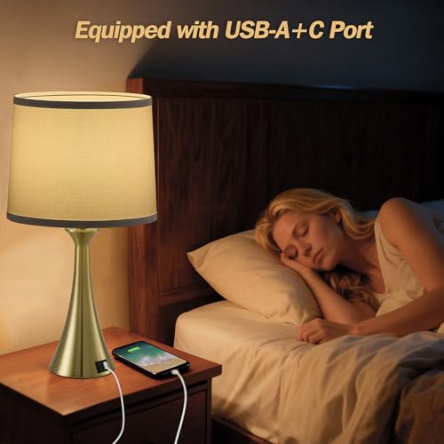 Touch Table Lamps Set of 2, 21" Bedside Lamps with USB C+A | 3 Way Dimmable Nightstand Lamps with Linen Shades, 2 LED Bulbs Included, Touch Lamp for Living Room, Bedroom and End Tables - color: Gold & White Shade