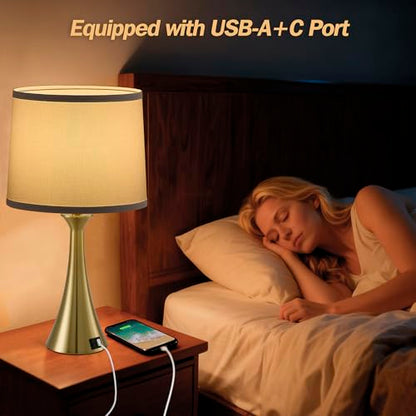 Touch Table Lamps Set of 2, 21" Bedside Lamps with USB C+A | 3 Way Dimmable Nightstand Lamps with Linen Shades, 2 LED Bulbs Included, Touch Lamp for Living Room, Bedroom and End Tables - color: Gold & White Shade