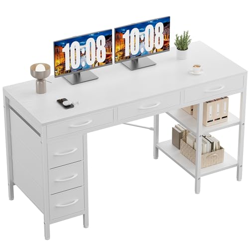 Sweetcrispy 55" Computer Desk with 6 Fabric Drawers & Storage Shelves | Reversible Gaming Desk, Office Desk, Computer Workstation, Corner Desk with Storage, Home Office, Living Room, White - color: Pure White, size: 54.9 Inches