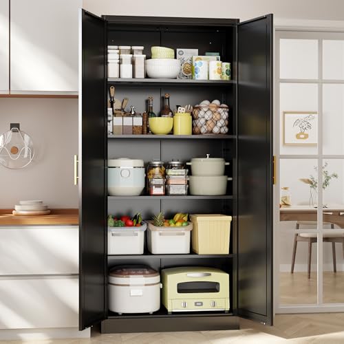 BESFUR Kitchen Pantry Cabinet,71” Metal Tall Pantry Storage Cabinet with Doors and 4 Adjustable Shelves,Kitchen Storage Cabinets Black Freestanding Food Cabinet for Pantries, Kitchen - color: Black, size: 71"H x 28"W x 14"D