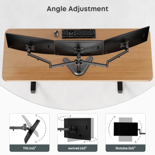Triple Monitor Stand fits 3 Screens up to 27 Inches, Freestanding | Cable Management, Heavy Duty, Fully Adjustable, Weighted Base, 22 lbs Capacity per Arm, Black