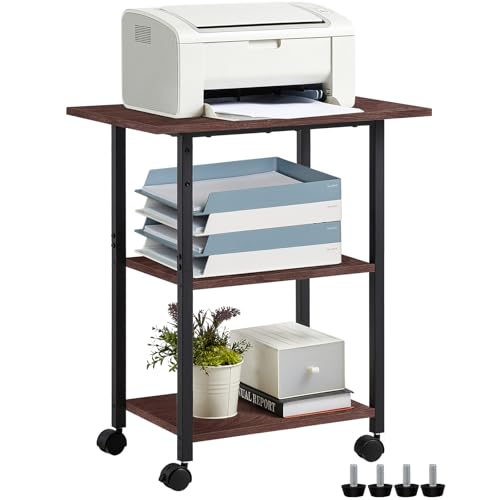 Lerliuo 3-Tier Printer Stand, Industrial Rolling Printer Table with Storage | Walnut Mobile Printer Cart Holder for Home Office, Lockable Wheels, Open Storage Shelf, Metal frame - color: Walnut, size: 3-Tier