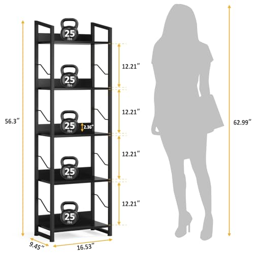 Hosfais 5 Tier Tall Bookshelf: Industrial Wood Book Shelf with Edge Protection Metal Narrow Bookshelf Bookcase Storage Organizer Display Rack for Living Room Home Office (Black) - color: Black