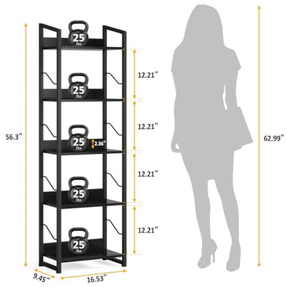 Hosfais 5 Tier Tall Bookshelf: Industrial Wood Book Shelf with Edge Protection Metal Narrow Bookshelf Bookcase Storage Organizer Display Rack for Living Room Home Office (Black) - color: Black