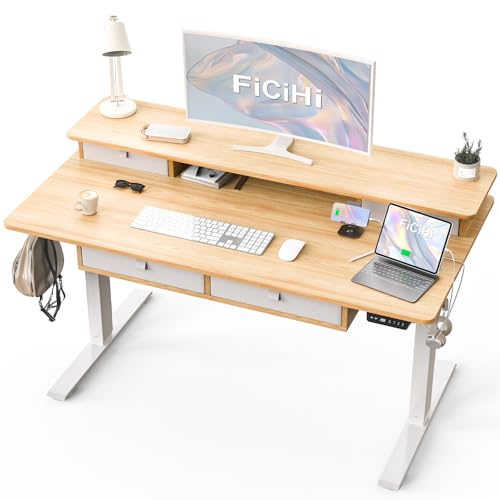 FiCiHi 48x30Inch Standing Desk with Drawers,Electric Height Adjustable Desk | Computer Sit Stand Desk,Large Workspace, 30 Inch Deep Home Office Desk with Monitor Stand, USB Charging Port,Cable Management - color: Maple, size: 48*30inch