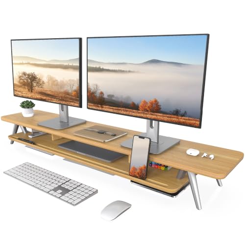 Fenge Dual Monitor Stand Riser, Wooden Desk Shelf with 2-Tier Storage | 47.3-Inch Extra Wide, Sturdy Aluminum Legs, Built-In Phone & Tablet Slot, Desktop Organizer for Office Accessories - color: Dark Oak, size: 47.2 Inch