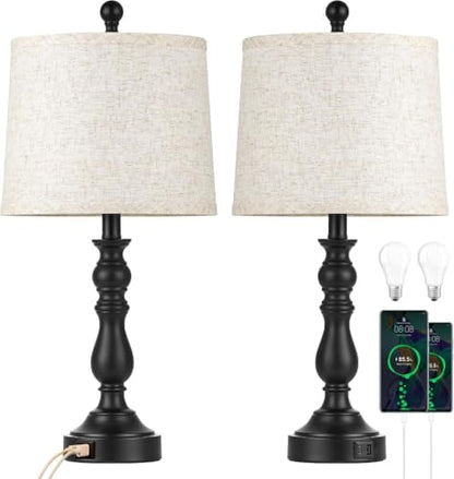 Black Table Lamps Set of 2, Black Lamps for Bedroom, USB C+A Ports - color: A.Beige, Black