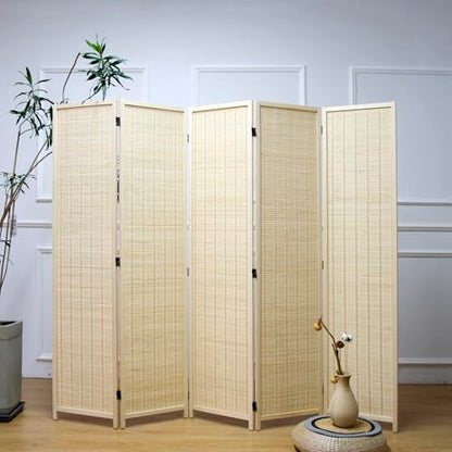 5 Panel Bamboo Room Divider – 5.6 ft Tall Folding Privacy Screen, Natural Beige Freestanding Room Partition Wall for Home Office (67" x 76.75", 5-Panel) - color: Beige, size: 5 Panel
