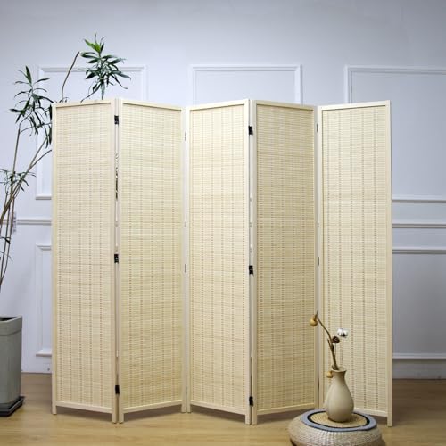 Furnnylane 5 Panel Bamboo Room Divider – 5.6 ft Tall Folding Privacy Screen, Natural Beige Freestanding Room Partition Wall for Home Office (67" x 76.75", 5-Panel) - color: Beige, size: 5 Panel