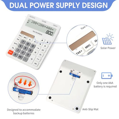 Desktop Calculator Large Display Big Buttons with 12 Digits 2-line | Solar Power and Battery, Accounting Calculator with Tax and Check Function for Office, Home and Business (OA-608) - size: OA-608