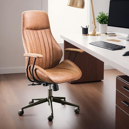 HOOOWOOO Faux Suede Leather Home Office Desk Chair,MCM Modern Ergonomic Task Work Chair,Computer Gaming Chair with Cushion Seat Lumbar Support Reclining High Back for Long Hours(Brown) - color: Cognac-cushion Seat, size: High Back