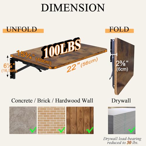 TEAMIX Wall Mounted Folding Table for Small Spaces, Rustic Floating Desk - color: Brown, size: 22"W x 15.7"D