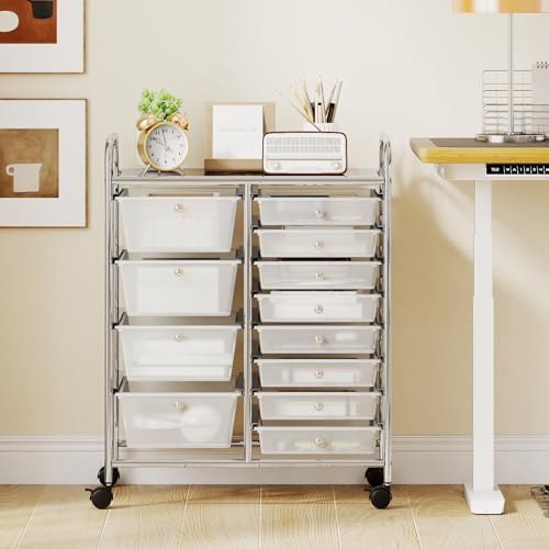 RELAX4LIFE 12-Drawer Rolling Storage Cart - Mobile Utility Drawer Carts with Wheels, Craft Organizers Cart for Organization and Storage, Classroom, School, Office, Home - color: Clear, style: 12 Drawers