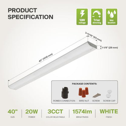 ASD LED Under Cabinet Lighting, 40 inch 20W 1574 LM Dimmable Hardwired Under Cabinet Lights for Kitchen, 3000K Soft/4000K Cool/5000K Daylight, Under Counter Light Fixtures, ETL, White, Bullnose Design - color: 40 Inch White, size: 1 Pack