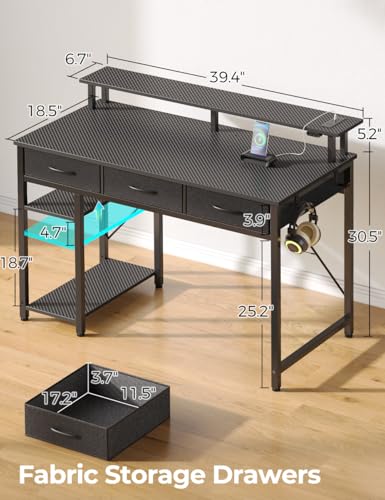 Rolanstar Computer Desk with Power Outlets & LED Light, 39 inch Home Office Desk with 3 Drawers and Storage Shelves, Writing Desk with Monitor Stand, Modern Work Desk for Home Office, Carbon Black