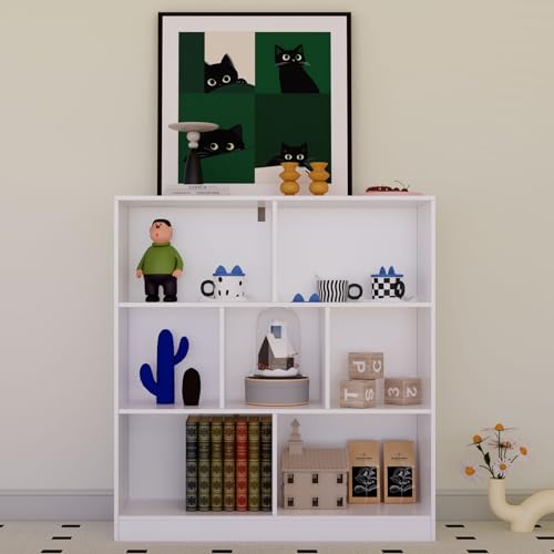 7-Cube Wooden Bookcase,3-Tier Freestanding Storage Cubes with Base,Multi-Purpose Open Shelving for Books,Toys,Bins,Decor – Home Office,Bedroom,Living Room Organizer (White, 7-Cube) - color: White, size: 7-Cube