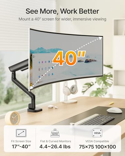 monTEK Mechanical Spring Single Monitor Arm for 27 32 34 40in Screens - color: Black, size: without USB