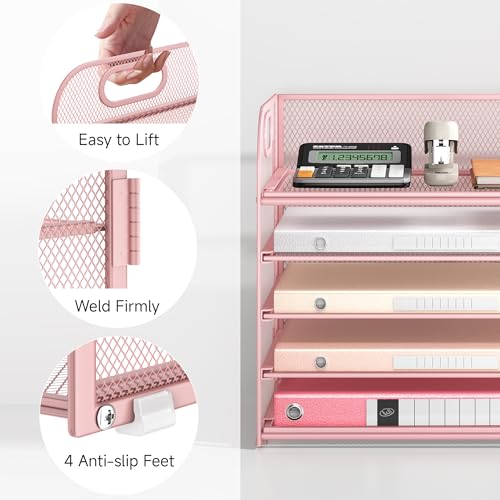 Lavatino Desk Paper Organizer with Handle, 2 Pack 5-Tier Pink Mesh Desk File Folder Holder Letter Tray Sorter Organizer for Office, Home or School - color: 5 Tier 2p - Pink, size: 12.6" x 9.1" x 11.5"