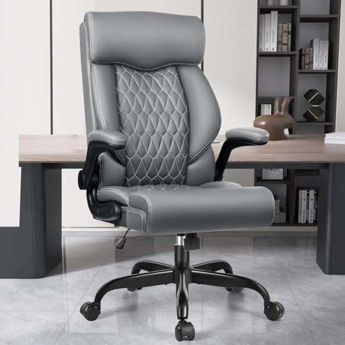High Back Executive Office Chair - Ergonomic Computer Desk with Rocking Function, Leather Managerial with Adjustable Flip-Up Armrests and Lumbar Support - color: Grey, style: Without Footrest
