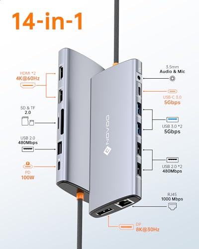 NOVOO USB C 14 in 1 Docking Station Dual Monitor with 4K60 HDMI & 8K30 DP | USB C Hub Adapter, Laptop Docking Station with Thunderbolt 3 to Dual 4K60 HDMI+8K30 DP USB C/A Data 100W PD RJ45 SD/TF - style: 14-in-1