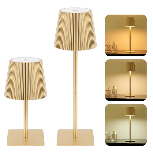 LUTEC 2 Pack Cordless Table Lamp,6000mAh Rechargeable Battery Operated Desk Lamp,Two Adjustable Heights,Waterproof, Touch Control & 3 Color Stepless Dimming for Restaurant/Bedroom/Bars/Outdoor (Gold) - color: Gold