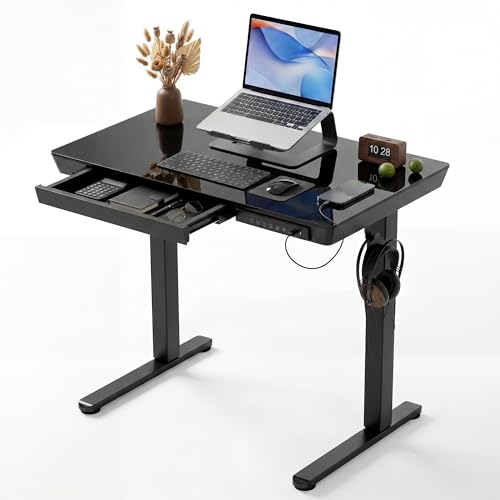 INNOVAR 32" Small Glass Standing Desk with Drawers & USB Ports, Whole-Piece Glass Top Adjustable Height Desks, Quick-Install Electric Sit-Stand Up Desk for Home Office & Computer Workstation, Black - color: Black, size: 32 inch with USB