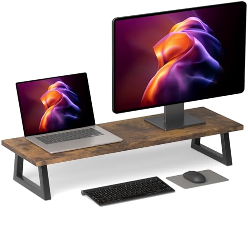 TEAMIX 31.5 inch Dual Monitor Stand Riser, TV Riser, Wood Desk Organizer | For 2 Monitors/Laptop/Printer, Long Computer Stand, Wood & Steel, Holds 150 lbs, PS5/Keyboard Storage, For Home Office Gaming - color: Brown, size: 31.5 inch