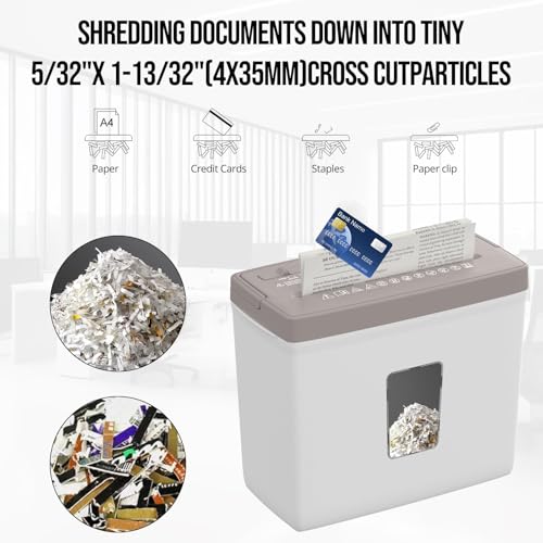 Suntiko Compact 5-Sheet Cross Cut Shredder Brown + White | P4 Privacy Protection, Jam Proof Reverse Mode, Thermal Safety, 2.38Gal Transparent Bin for Home Desk - color: withe
