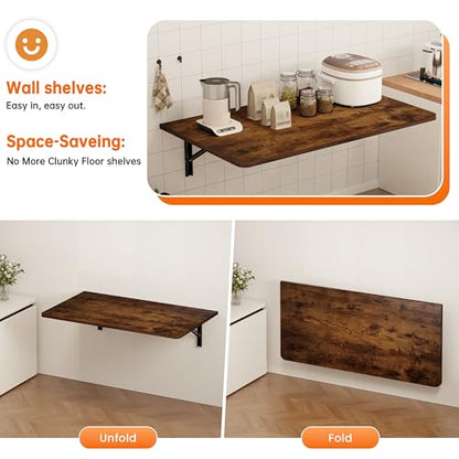 IAE Wall Mount Folding Desk,Floating Computer Desk for Small Spaces,Rustic | 36x22in engineered wood desktop with metal brackets, folds flat to save space in home office, apartment and laundry room - color: Rustic, size: 36"*22"