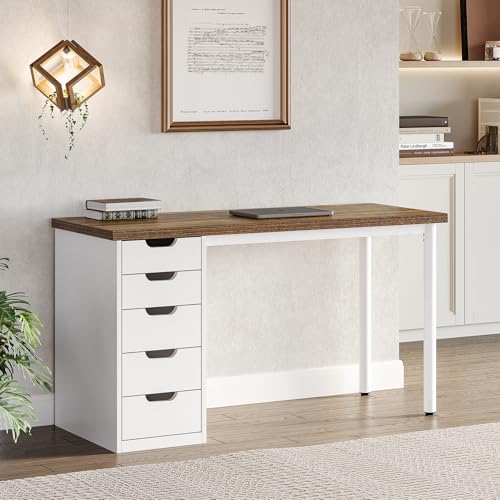 LITTLE TREE Computer Desk with 5 Drawers, 47 Inch Modern Simple Study Writing Desk with Metal Frame, Work Desk for Home Office, Rustic Brown and White - color: Rustic Brown and White