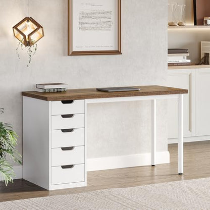 LITTLE TREE Computer Desk with 5 Drawers, 47 Inch Modern Simple Study Writing Desk with Metal Frame, Work Desk for Home Office, Rustic Brown and White - color: Rustic Brown and White