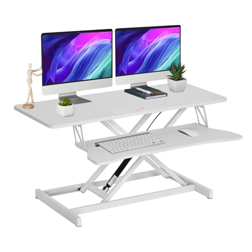 38-inch Standing Desk Converter Height Adjustable Sit to Stand Up Workstation, Duals Monitor and Laptop Riser with Wide Keyboard Tray, for Home, School, Company, White - color: White