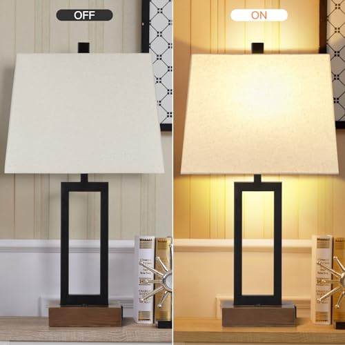 Lolikit Table Lamp for Bedroom Set of 2 with 2 USB Ports and AC Power Outlet, 23.5" Modern Bedside Lamp, Wood Nightstand Lamp with Linen Shade for Living Room Hotel Desk(LED Bulb Included) - color: Black