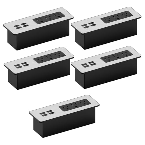 Kable Kontrol Recessed Power Strip Kit with Fast Charging 2 PD65W USB-C Ports, 2 USB-A Ports, 3 Power Desk Outlets, Replaceable Silver Finish Panel Plate Flush Mount Charging Station Grommet - 5 Pcs - color: Black With Silver Finish Plate, size: 5