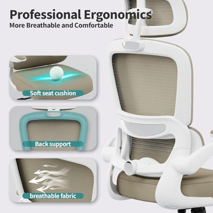 TRALT Office Chair Ergonomic Desk Chair - Gaming Chair with Lumbar Support | 330 LBS Home Office Desk Chairs with Headrest, Reading Chair with Flip-up Armrests, Comfortable Computer Chairs (1, Khaki) - color: Khaki