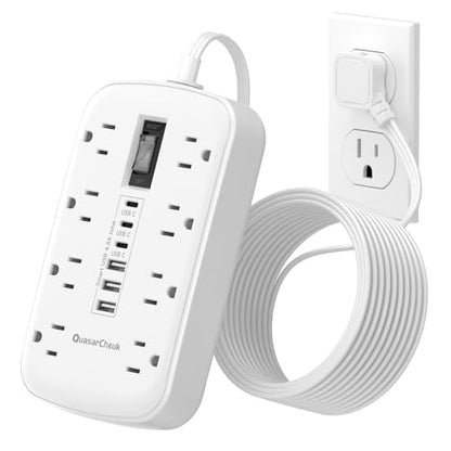 3FT Extension Cord with 6 USB(3 USB C) 8 Outlets, Flat Plug Power Strip - size: 3 FT-White-Three Prong