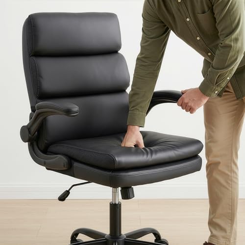 Mid Back Office Desk Chair,Leather Conference Room Chairs,Ergonomic Home Computer Chair,Modern Executive Chair with Padded Flip-up Armrest and Swivel Wheels (Black) - color: Black