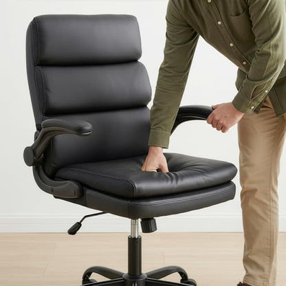 Mid Back Office Desk Chair,Leather Conference Room Chairs,Ergonomic Home Computer Chair,Modern Executive Chair with Padded Flip-up Armrest and Swivel Wheels (Black) - color: Black