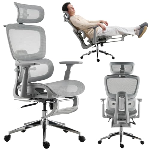 Mesh Ergonomic Office Chair with Footrest, Grey | High Back, Lumbar Support, Adjustable Headrest and Armrests, Gaming Chair,Home Office Desk Chair - color: Grey, style: Modern