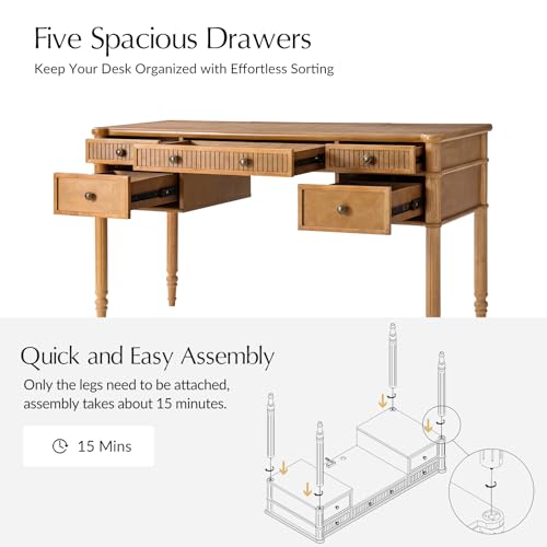 HULALA HOME 55 Inches Fluted Writing Desk with Charging Station, Teak - color: Teak