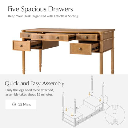 HULALA HOME 55 Inches Fluted Writing Desk with Charging Station, Teak - color: Teak