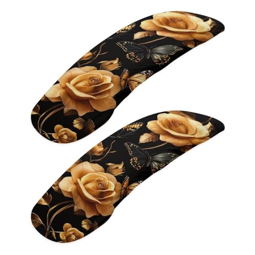 Rose Butterfly Print Office Chair Arm Covers Protectors, Elastic Chair Armrest Slipcovers Soft Comfy Desk Chair Armrest Covers, Universal Game Chair Arm Rest Covers - color: Black and Gold - Rose Butterfly