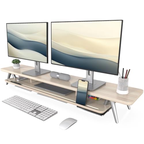 Fenge Dual Monitor Stand Riser, Wooden Desk Shelf with 2-Tier Storage | 47.3-Inch Extra Wide, Sturdy Aluminum Legs, Built-In Phone & Tablet Slot, Desktop Organizer for Office Accessories - color: Oak, size: 47.2 Inch