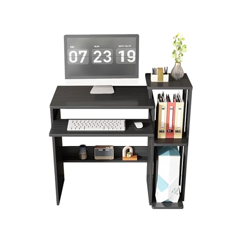 35" Compact Computer Desk with 3-Tier Storage Shelves & Keyboard Tray – Small Study Table for Bedroom or Home Office (Black) - color: Black