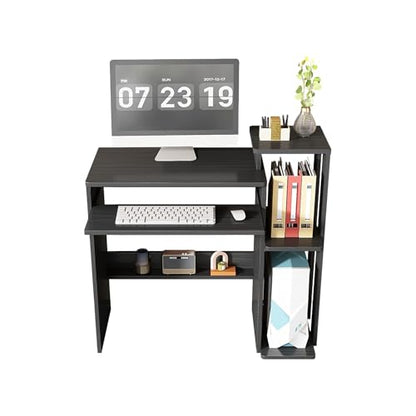 35" Compact Computer Desk with 3-Tier Storage Shelves & Keyboard Tray – Small Study Table for Bedroom or Home Office (Black) - color: Black