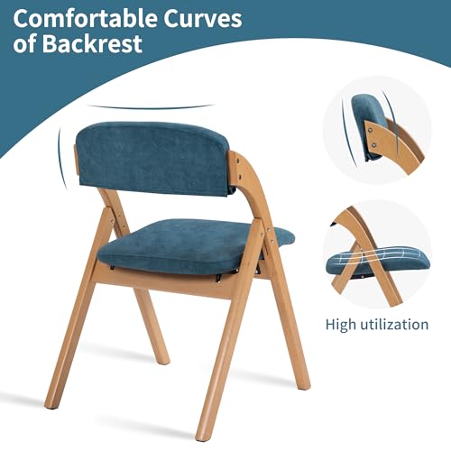 Folding Chairs with Cushion Padded Foldable Chiars 4 Pack | Wooden Dining Seat with Removable Cover Extra for Guests Kitchen Office Wedding Party Picnic, Smog Blue - color: Smog Blue, size: 4PCS